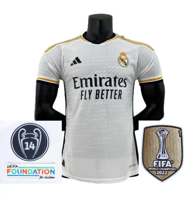 Jersey Real Madrid I com Patch Champions and FIFA 23/24 - White Man Player